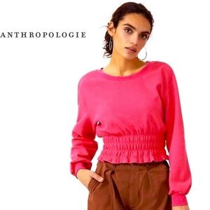 Anthropologie Maeve Smocked Cropped Boatneck Pullover Sweatshirt Pink Rose